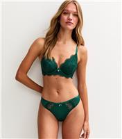 Women's Dark Green Lace Satin Brazilian Briefs New Look