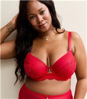 Women's Plus Size Red Floral Lace Non Padded Bra Curves New Look