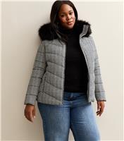 Women's Plus Size Black Herringbone Print Faux Fur Hood Puffer Coat Curves New Look