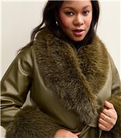 Women's Plus Size Khaki Faux Fur Trimmed Faux Jacket Curves New Look