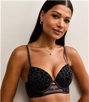 Women's Black Leopard Flock T-Shirt Bra New Look