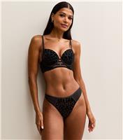 Women's Black Leopard Flock Thong New Look