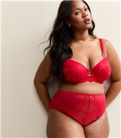 Women's Plus Size Red Floral Lace Panel Mesh High Waisted Briefs Curves New Look