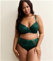 Women's Plus Size Dark Green Floral Panelled Satin Brazilian Briefs Curves New Look