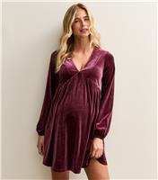 Women's Maternity Burgundy Velvet Long Sleeve Mini Dress New Look