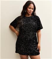Women's Plus Size Black Sequin Short Sleeve Mini Dress Curves New Look