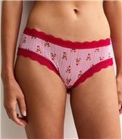 Women's Red Striped Christmas Bear Print Lace Trimmed Brazilian Briefs New Look