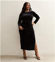 Women's Plus Size Black Velvet Studded Midi Dress Curves New Look