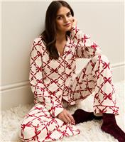 Women's Red Jersey Bow Print Revere Collar Shirt and Trousers Pyjama Set New Look
