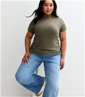 Women's Plus Size Khaki Ribbed Babylock T-Shirt Curves New Look