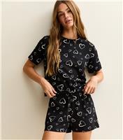 Women's Black Sketchy Heart Pyjama Short Sleeve and Shorts Pyjama Set New Look