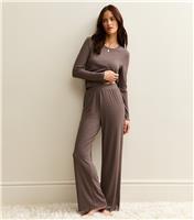 Women's Dark Brown Ribbed Jersey Long Sleeve Top and Trousers Pyjama Set New Look