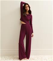 Women's Dark Burgundy Ribbed Jersey Long Sleeve Top and Trousers Pyjama Set New Look