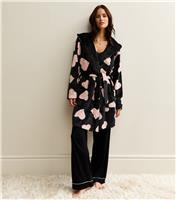 Women's Black Hooded Heart Print Robe New Look