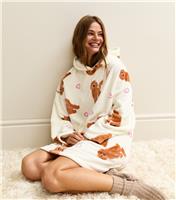 Women's White Dog Design Oversized Fleece Hoodie New Look