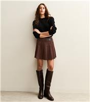Women's Dark Brown Corduroy Pleated Mini Skirt New Look