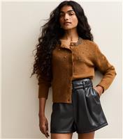 Women's Petite Black Faux Leather Belted Shorts New Look