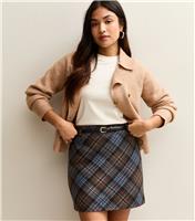 Women's Petite Brown Check Belted Mini Skirt New Look