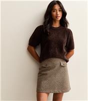 Women's Petite Brown Brushed Checked Mini Skirt New Look