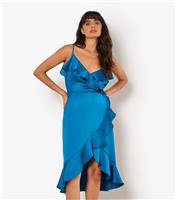 Women's Blue Ruffle Trim Satin Dress Apricot New Look