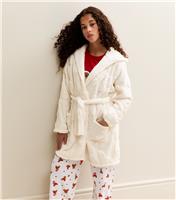 Girls' Cream Bow Pattern Hooded Dressing Gown New Look