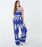 Women's Blue Printed Shirred Waist Jumpsuit Blue Vanilla New Look
