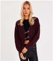 Women's Burgundy Ribbed Knit Hook Fastening Cardigan Quiz New Look