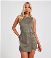 Women's Light Khaki Faux Suede Wrap Playsuit Quiz New Look