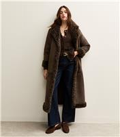 Women's Brown Bonded Faux Fur Trimmed Faux Suede Coat New Look