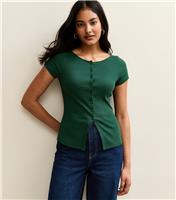 Women's Green Ribbed Button Up Baby Tee New Look