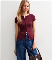 Women's Burgundy Ribbed Button Up Baby Tee New Look