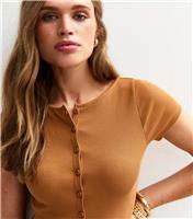 Women's Dark Yellow Ribbed Button Up Baby Tee New Look