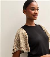 Women's Black Soft Touch Animal Print Foil Flutter Sleeve Top New Look