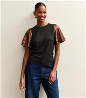 Women's Dark Brown Soft Touch Metallic Flutter Sleeve Top New Look