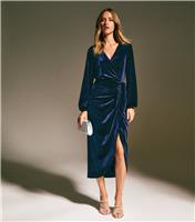 Women's Navy Velvet Long Sleeve Wrap Midi Dress New Look