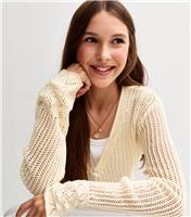 Girls' Cream Open Knit Flared Sleeve Cardigan New Look