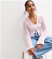 Girls' Lilac Open Knit Flared Sleeve Cardigan New Look