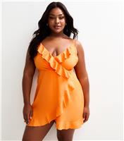 Women's Plus Size Orange Ruffle Trim Mini Dress Curves Urban Bliss New Look