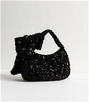 Black Sequinned Bow Appliqued Hand Bag New Look