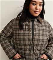 Women's Plus Size Brown Checked Quilted Padded Jacket Curves New Look