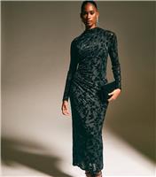 Women's Black Velvet Floral Devore Long Sleeve Midi Dress New Look