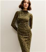 Women's Light Khaki Velvet Floral Devore Long Sleeve Midaxi Dress New Look