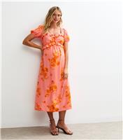 Women's Maternity Pink Floral Print Milkmaid Ruffle Midi Dress New Look