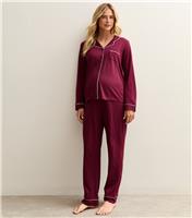 Women's Maternity Dark Burgundy Jersey Long Sleeve Shirt and Trousers Pyjama Set New Look