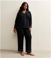 Women's Plus Size Black Contrast Trim Revere Collar Shirt and Trousers Pyjama Set Curves New Look
