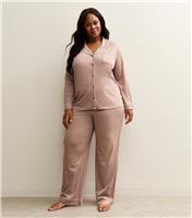 Women's Plus Size Mink Contrast Trim Revere Collar Shirt and Trousers Pyjama Set Curves New Look