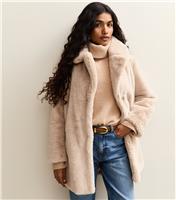 Women's Petite Stone Faux Fur Collared Jacket New Look