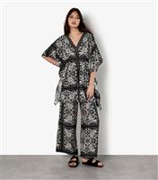 Women's Black Scarf Print Kimono Mini Dress Apricot New Look