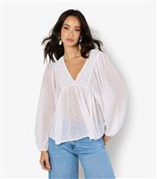 Women's White Semi Sheer Dot Pattern Beaded Trim Top Apricot New Look