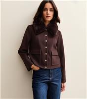 Women's Dark Brown Faux Fur Collar Short Shacket New Look